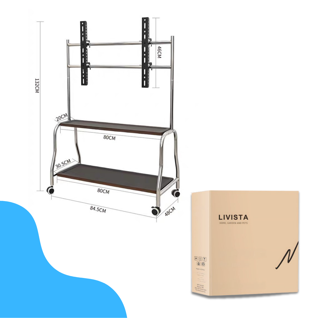 Livista Mobiele TV Standaard – Verrijdbaar TV Meubel – Dubbele Houten Planken – Geschikt voor 32-75 Inch TV – Max. 50 kg – Stalen Frame