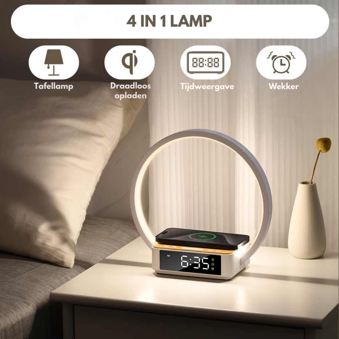 Livista Wake Up Light – Wekker – Draadloze Oplader – 15W – Touch Bureaulamp – met 3 Lichtkleuren – Voor Telefoon, Smartwatch & AirPods