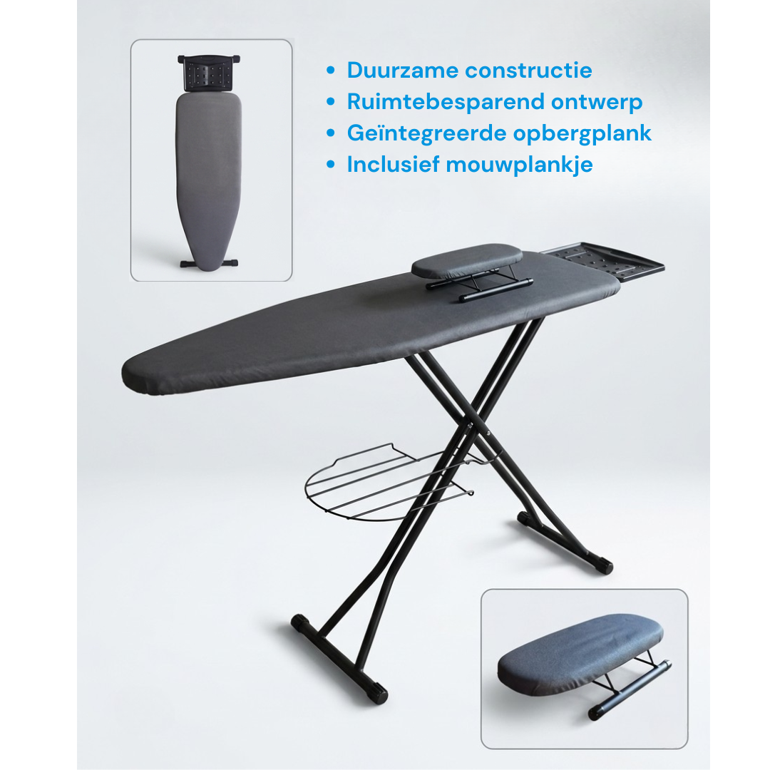 Livista Strijkplank – 120x38 cm – Met Mouwplankje en Opbergrek – Verstelbaar in 6 Hoogtes – Extra Groot Strijkijzerplateau – Stabiel Stalen Frame – Donkergrijs