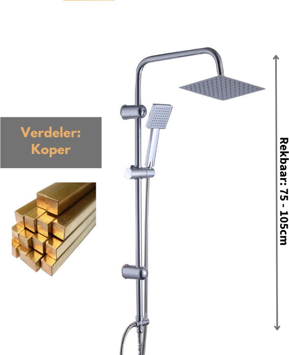Livista® - Douche Set - Regendouche en Handdouche - Verstelbare Hoogte 75-105 cm - Vierkant Design - Electroplated Zilverkleurige Afwerking - Duurzame Messing Omsteller voor Badkamer