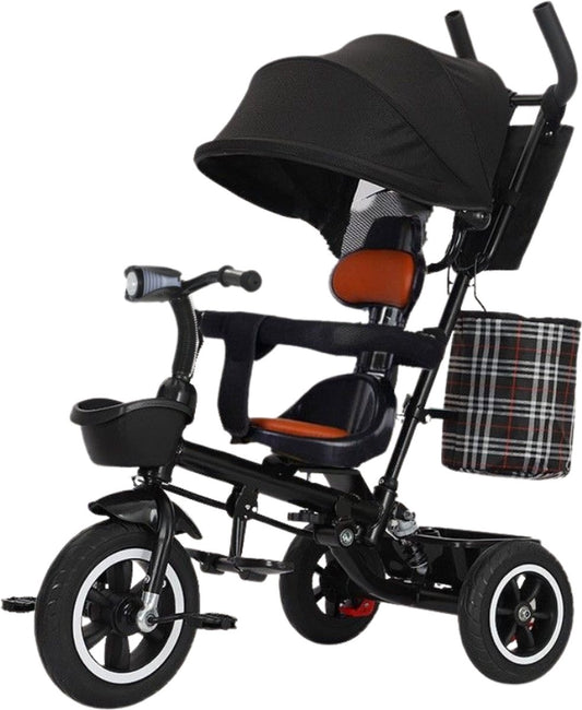 Livista® Tricycle 2-in-1 - Geschikt voor Kinderen van 12 maanden tot 6 jaar - Verstelbare Zitplaats - Duwstang - Verstelbare Zonnescherm - Veiligheidsriemen - Lederen Zitplaats - Duurzame Wielen - Opvouwbaar - Zwart