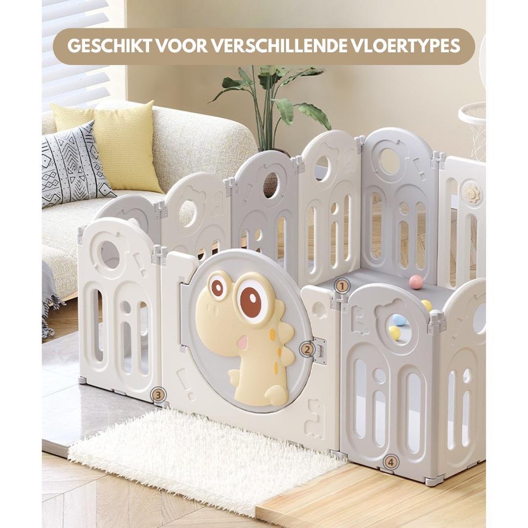 Livista Grondbox Baby –156x156x61cm – 12+2 Panelen – Inklapbare Speelbox met Dinosaurus-Thema – Verstelbare Basketbalring – Met Zuignappen – Inclusief Kruipmat – Veilig Kinderbox Playpen