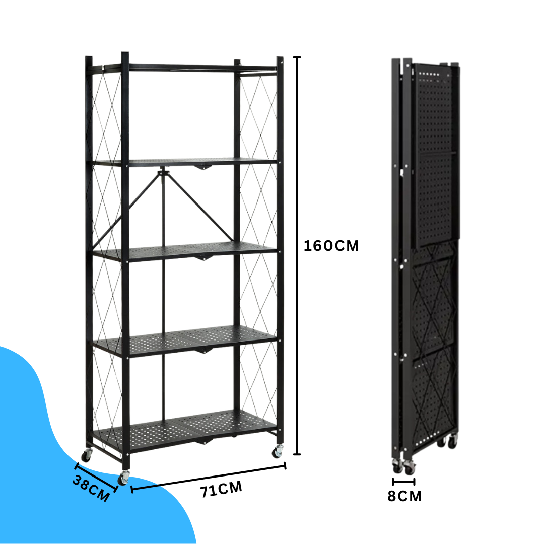 Livista Inklapbare Stellingkast – 5-laags – Met 360° wielen – Open Vakkenkast – Duurzaam Metaal – Ruimtebesparend – H160 x B71 x D38 cm – Max 20 kg per Plank – Zwart