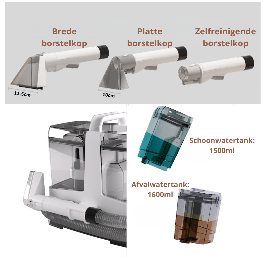 Livista® Vlekkenreiniger - 4-in-1 Tapijtreiniger - 3 Opzetstukken - Grote Watertanks - IPX4