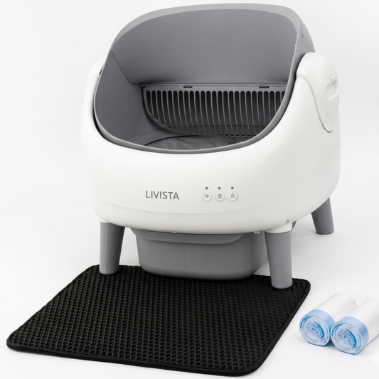 Livista Automatische Kattenbak - Zelfreinigende Kattenbak - Elektrische Kattenbak - Inclusief App - 76L XXL - Met Kattenbakmat en 2 Rollen Opvangzakjes - Geurfilter - Open Design - Wit