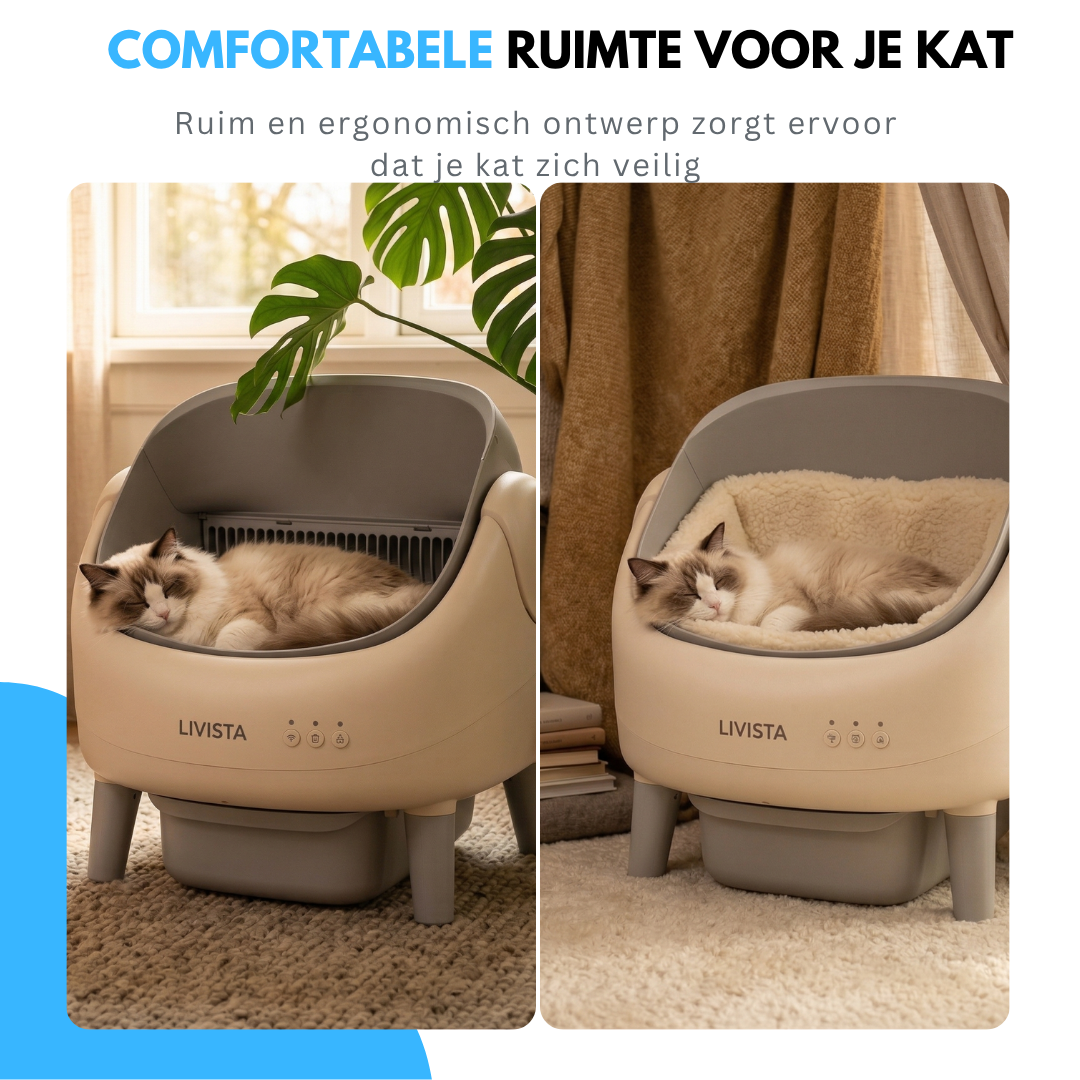 Livista Automatische Kattenbak - Zelfreinigende Kattenbak - Elektrische Kattenbak - Inclusief App - 76L XXL - Met Kattenbakmat en 2 Rollen Opvangzakjes - Geurfilter - Open Design - Wit