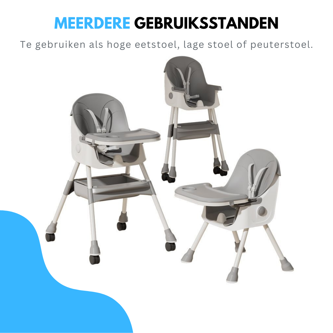 Verstelbare Kinder Eetstoel met 5-Puntsgordel & Wielen – Afneembaar Dubbel Eetblad – Comfortabel & Veilig – Vanaf 6 Maanden
