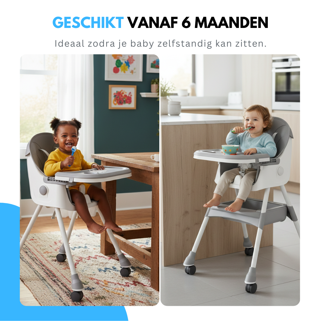 Verstelbare Kinder Eetstoel met 5-Puntsgordel & Wielen – Afneembaar Dubbel Eetblad – Comfortabel & Veilig – Vanaf 6 Maanden
