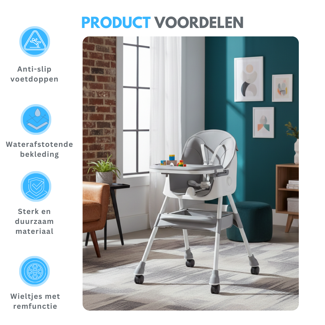 Verstelbare Kinder Eetstoel met 5-Puntsgordel & Wielen – Afneembaar Dubbel Eetblad – Comfortabel & Veilig – Vanaf 6 Maanden