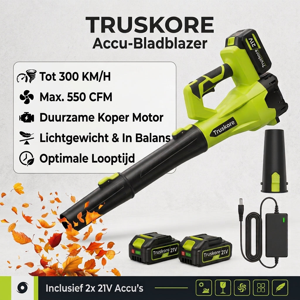 Truskore Accu Bladblazer -Draadloze Bladblazer - Lichtgewicht en Krachtig - Geschikt voor Bladeren en Tuinafval - Incl. 2x Accu's (4.0Ah)
