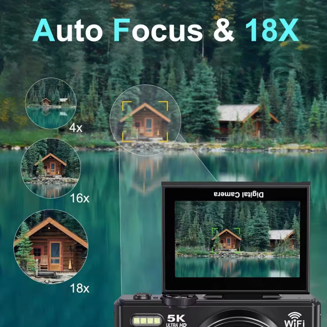 Livista Digitale Camera 5K - 75MP - 18X Digitale Zoom - WiFi - 3.0" UHD-display - Fototoestel - Mini Camera - Fotocamera - Compact Camera - Incl. 64GB SD Kaart - Vlog Camera voor Kinderen