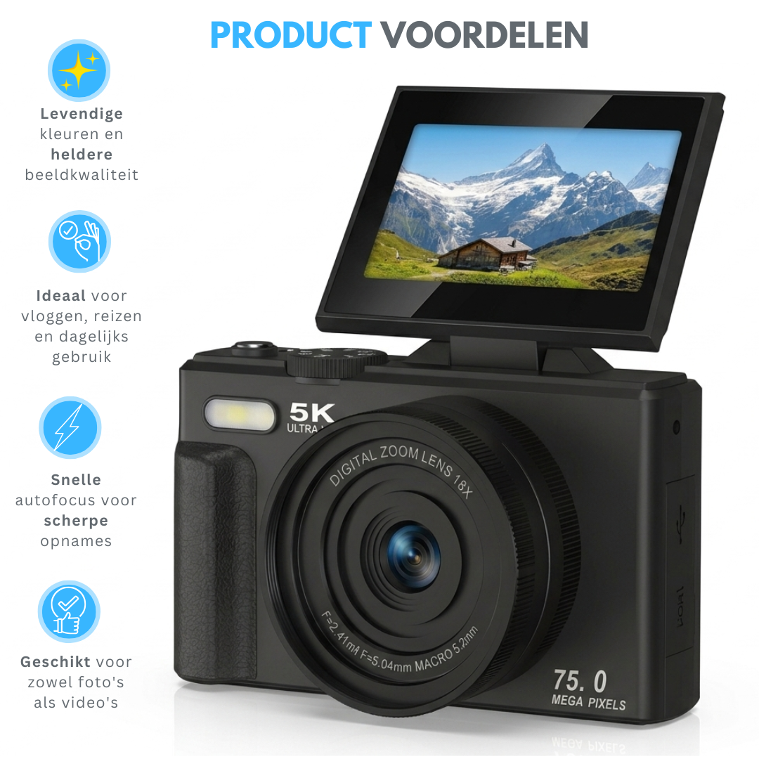 Livista Digitale Camera 5K - 75MP - 18X Digitale Zoom - WiFi - 3.0" UHD-display - Fototoestel - Mini Camera - Fotocamera - Compact Camera - Incl. 64GB SD Kaart - Vlog Camera voor Kinderen