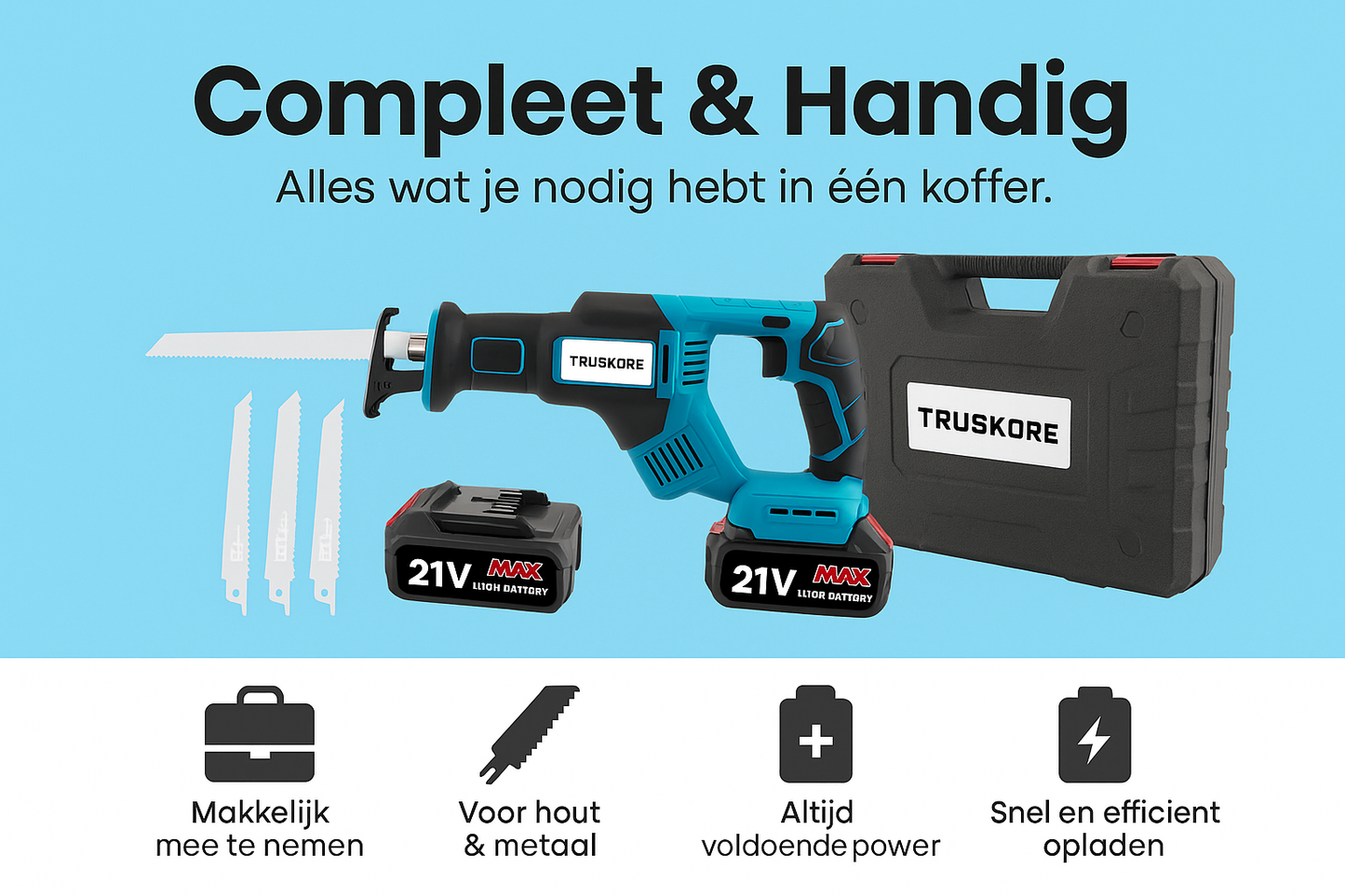 Accu Reciprozaag – 21V Li-Ion – Incl. 2 Accu’s, Zaagbladen & Koffer – 25mm Slag – Voor Hout, Metaal & Kunststof – Snelwisselsysteem – Draadloos
