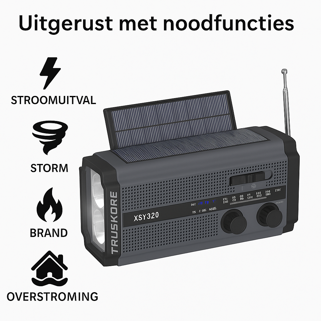 Truskore Noodradio - Bluetooth - 2025 verbeterde versie - Solar Opwindbaar - Solar Powerbank Zonneenergie - Draagbare Radio op batterijen - Zaklamp led oplaadbaar - Survival Noodpakket
