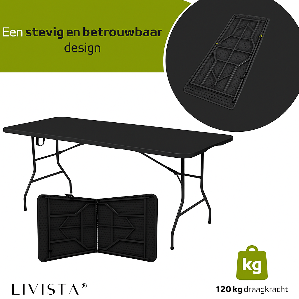Livista® Klaptafel - Inklapbare Tafel - 180 x 70 cm - Vouwtafel - Antislip en Weerbestendig - Zwart