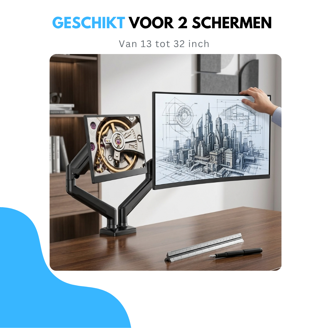 Livista Monitor Arm met Gasveer- Monitorbeugel voor 2 Schermen - Beugel - Standaard - Verstelbare Monitorbeugel - 13 t/m 32 Inch - Zwart