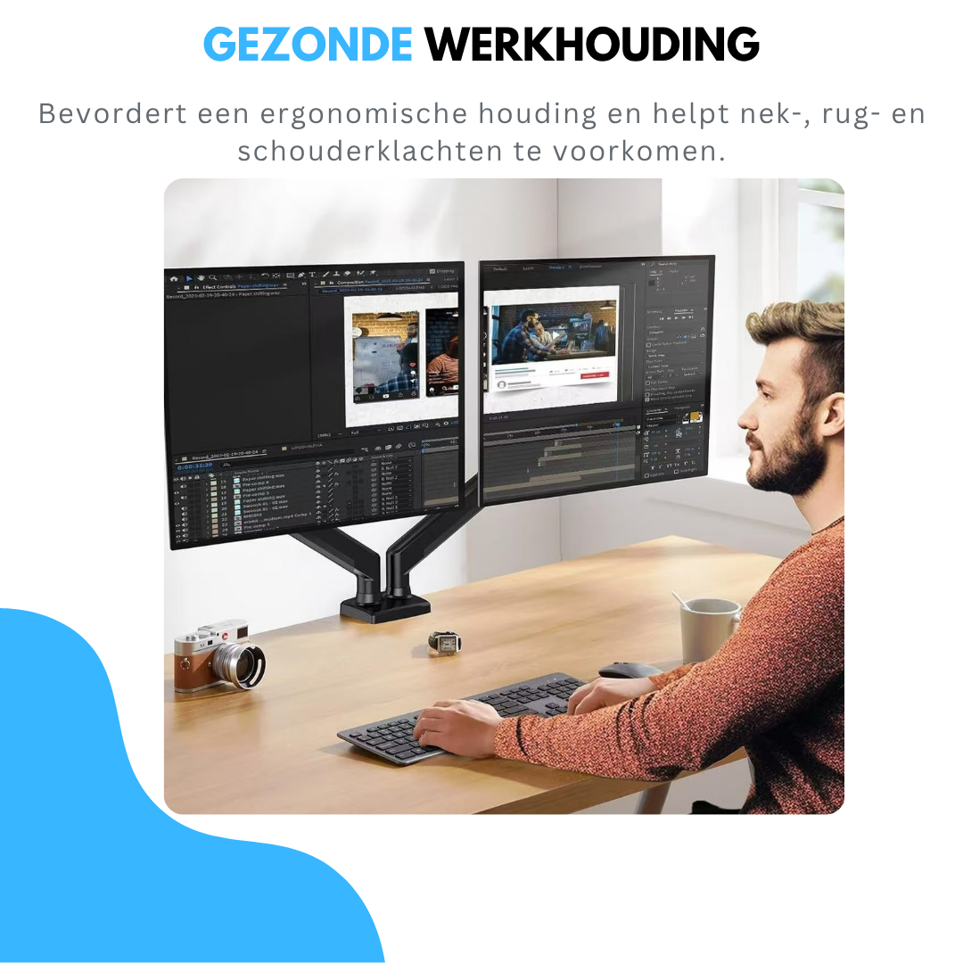 Livista Monitor Arm met Gasveer- Monitorbeugel voor 2 Schermen - Beugel - Standaard - Verstelbare Monitorbeugel - 13 t/m 32 Inch - Zwart