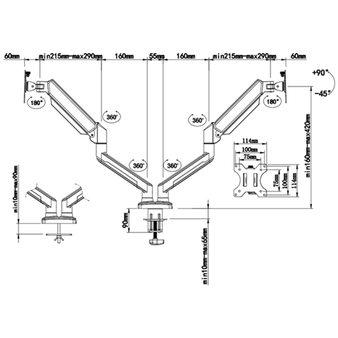 Livista Monitor Arm met Gasveer- Monitorbeugel voor 2 Schermen - Beugel - Standaard - Verstelbare Monitorbeugel - 13 t/m 32 Inch - Zwart