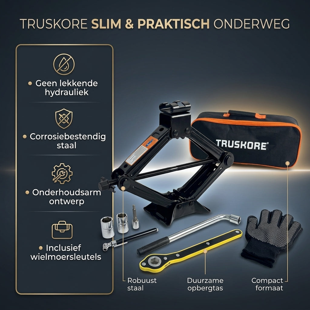 Truskore Autokrik - Schaarkrik Set - Garagekrik - Hydraulische Krik - Gereedschapsset - Incl Opbergtas - 2000 kg Hefvermogen - Zwart