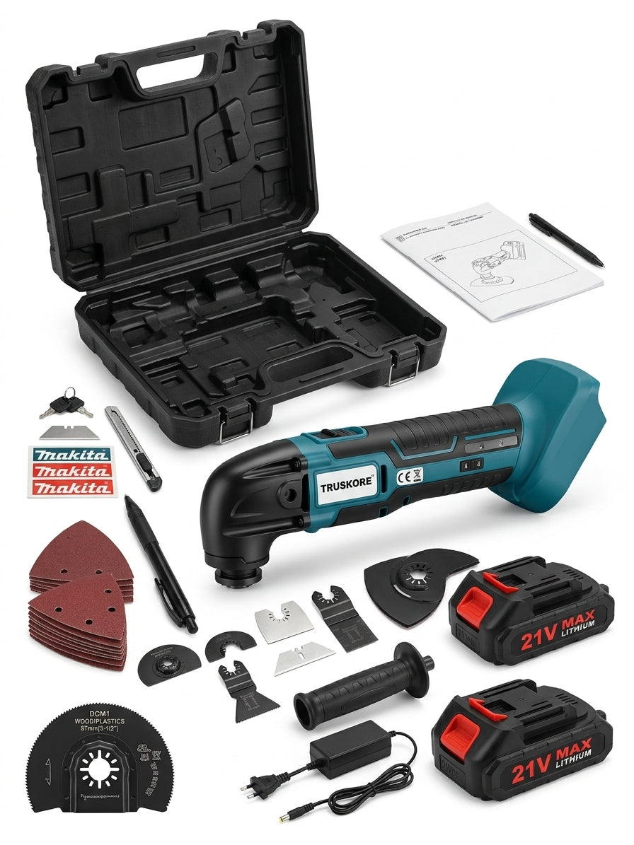 Truskore Multitool Accu 21V – Multitool Set Incl. 2 Accu’s – Oscillerende Multitool – Compatibel met Makita LXT – 7 Opzetstukken - 15 Schuurvellen