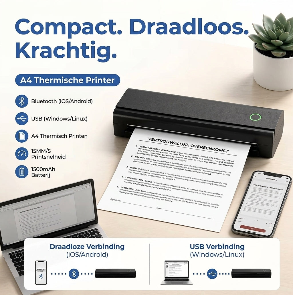 Livista Draadloze Thermische Printer -  Draagbare Pocket Printer voor Smartphone  - Mini Pinter voor Mobiel / Laptop / Computer  – A4 / US Letter - Incl 2 rollen Papier - USB/USB-C -Bluetooth
