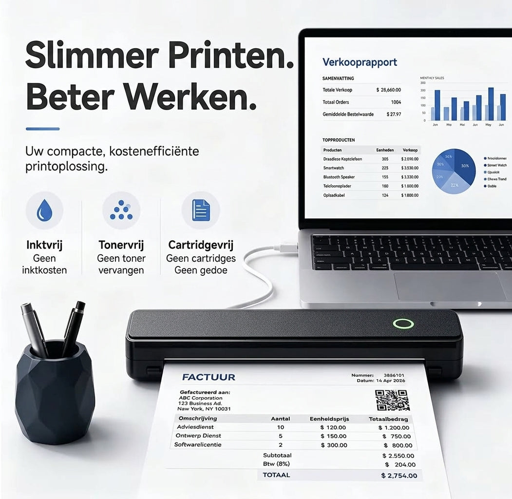 Livista Draadloze Thermische Printer -  Draagbare Pocket Printer voor Smartphone  - Mini Pinter voor Mobiel / Laptop / Computer  – A4 / US Letter - Incl 2 rollen Papier - USB/USB-C -Bluetooth