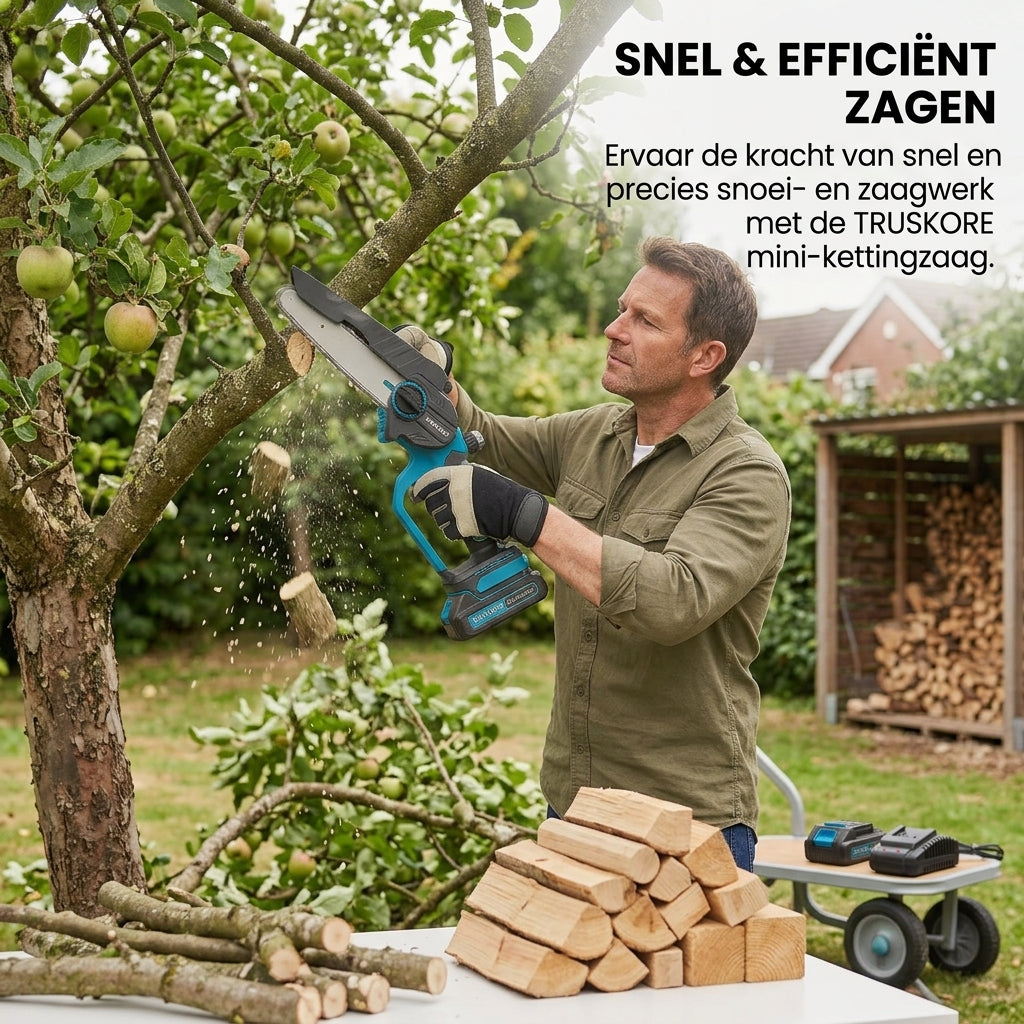 Truskore Mini kettingzaag 20cm - Accu Kettingzaag - Snoeizaag - Takkenzaag - Handzaag - Inclusief Opbergkoffer, 2 Accu's (4.0Ah) & 2 Kettingen