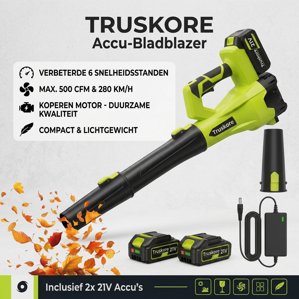 Truskore Accu Bladblazer -Draadloze Bladblazer - Lichtgewicht en Krachtig - Geschikt voor Bladeren en Tuinafval - Incl. 2x Accu's (4.0Ah)