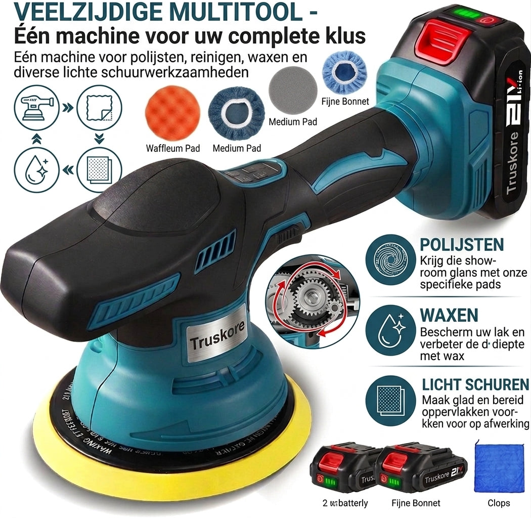 Truskore Polijstmachine - Poetsmachine Auto - Polijstschijven - Poliermachine - Polijstset - 2 Accu's, Oplader & Pads