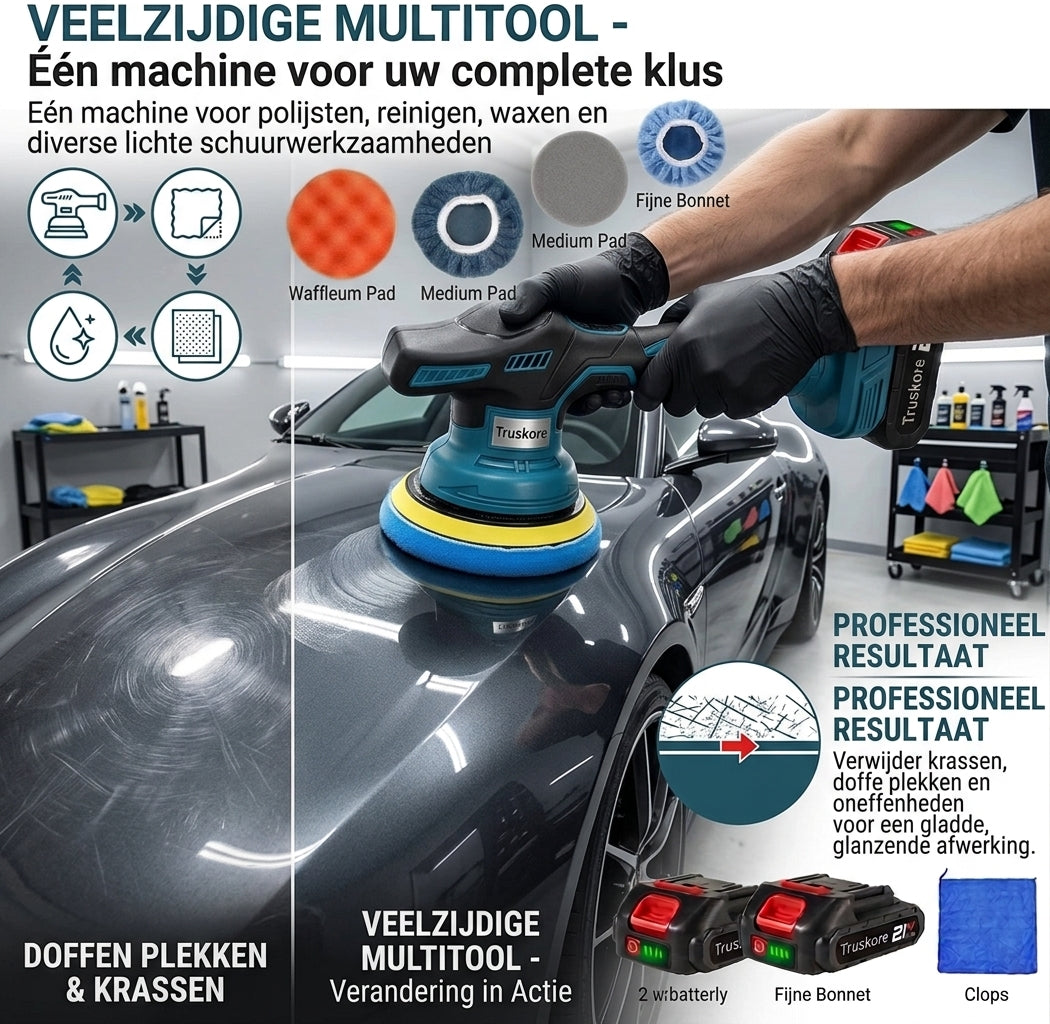 Truskore Polijstmachine - Poetsmachine Auto - Polijstschijven - Poliermachine - Polijstset - 2 Accu's, Oplader & Pads