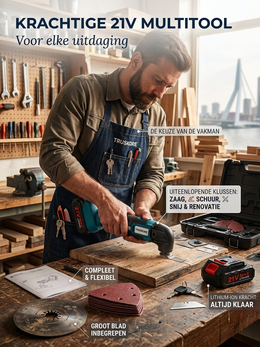Truskore Multitool Accu 21V – Multitool Set Incl. 2 Accu’s – Oscillerende Multitool – Compatibel met Makita LXT – 7 Opzetstukken - 15 Schuurvellen