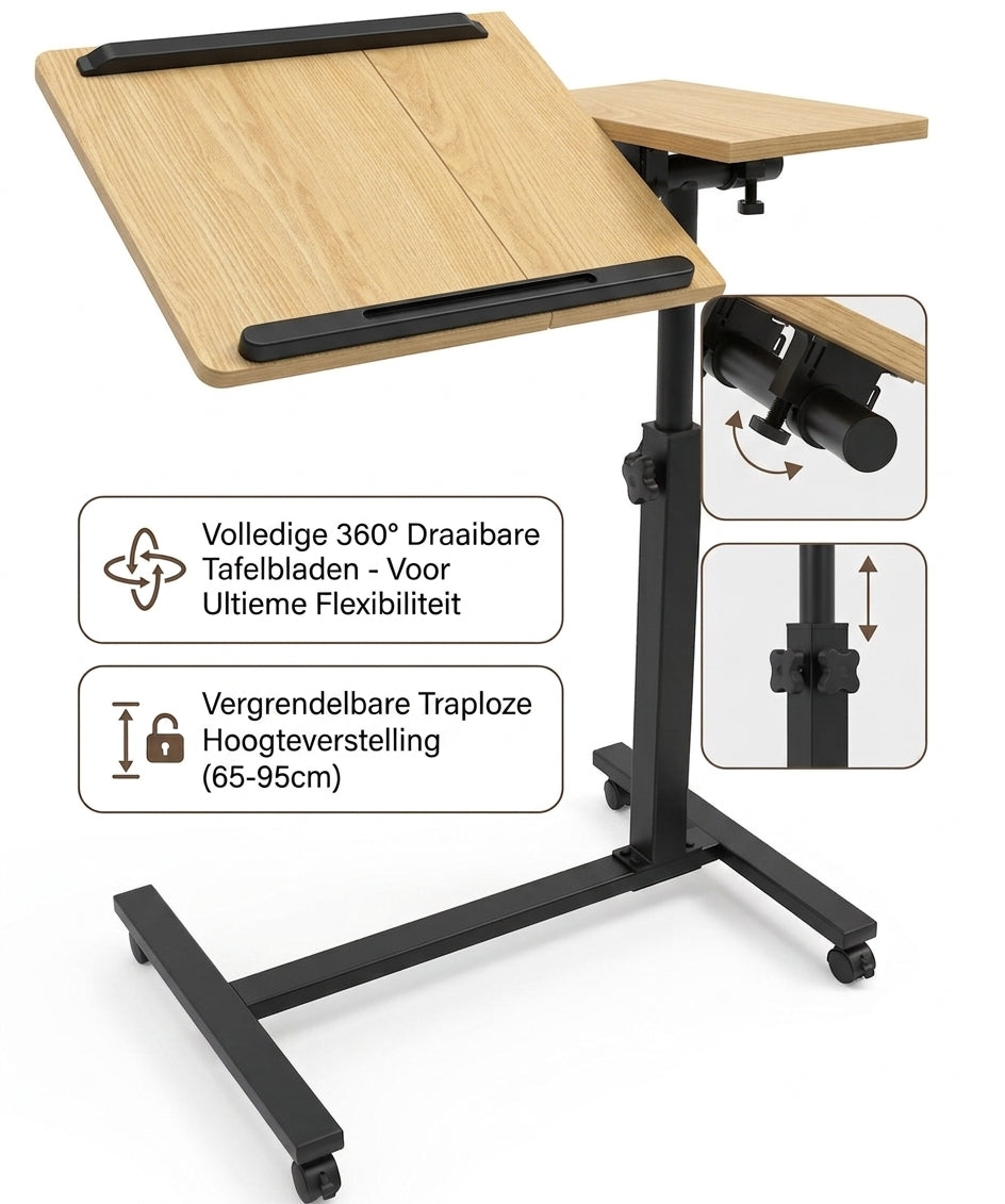 Livista Laptoptafel - Bedtafel met wieltjes - Bedleestafel - Laptop Standaard - Bijzettafel op wielen - Zit Sta Bureau - In hoogte verstelbaar - Maximale hoogte 90 cm