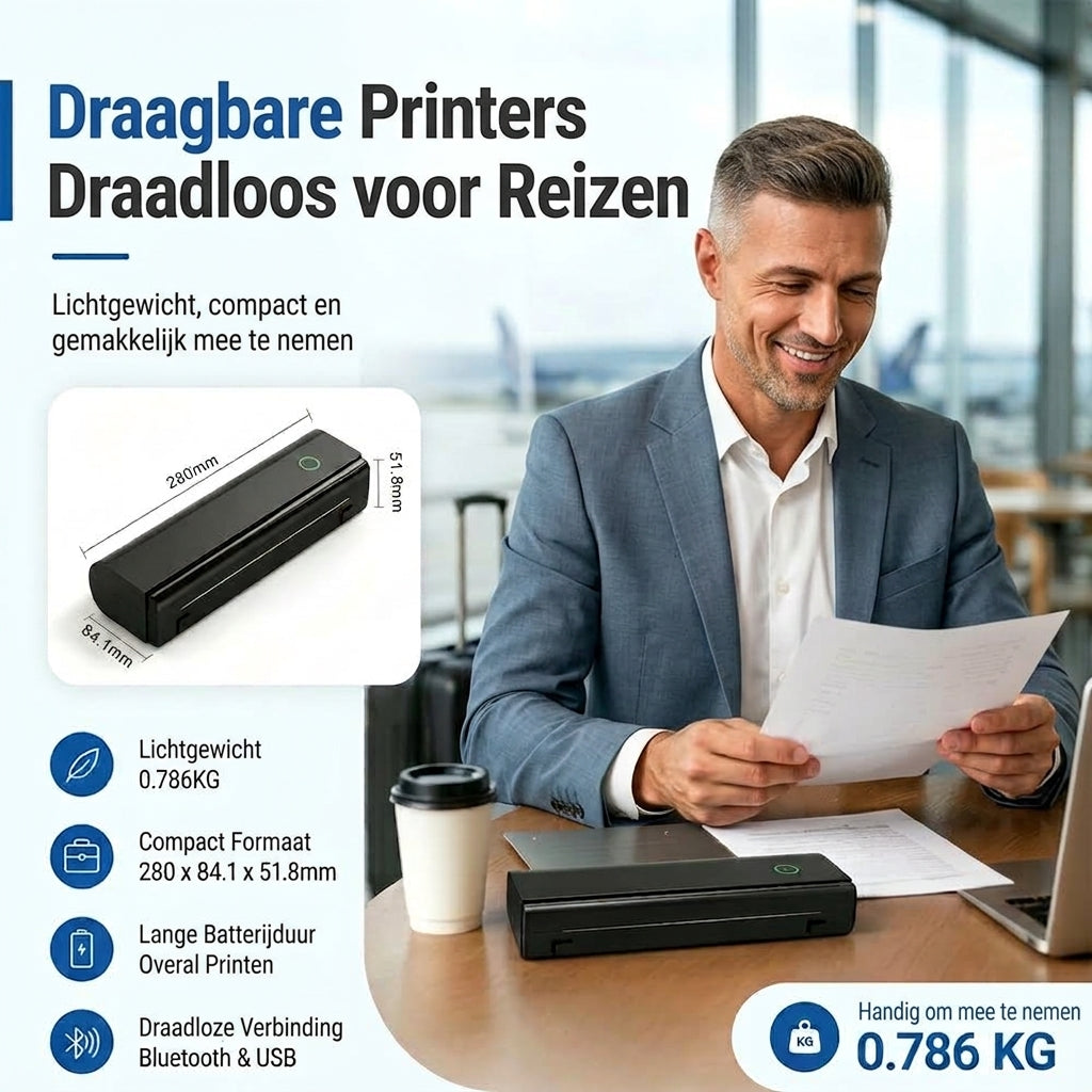 Livista Draadloze Thermische Printer -  Draagbare Pocket Printer voor Smartphone  - Mini Pinter voor Mobiel / Laptop / Computer  – A4 / US Letter - Incl 2 rollen Papier - USB/USB-C -Bluetooth