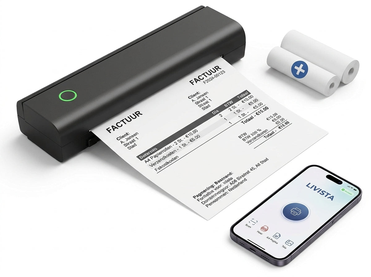 Livista Draadloze Thermische Printer -  Draagbare Pocket Printer voor Smartphone  - Mini Pinter voor Mobiel / Laptop / Computer  – A4 / US Letter - Incl 2 rollen Papier - USB/USB-C -Bluetooth