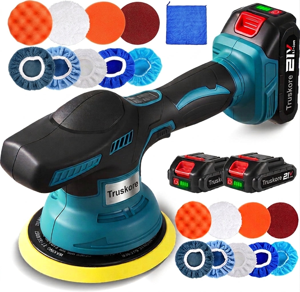 Truskore Polijstmachine - Poetsmachine Auto - Polijstschijven - Poliermachine - Polijstset - 2 Accu's, Oplader & Pads