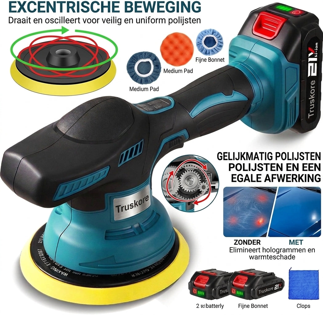 Truskore Polijstmachine - Poetsmachine Auto - Polijstschijven - Poliermachine - Polijstset - 2 Accu's, Oplader & Pads