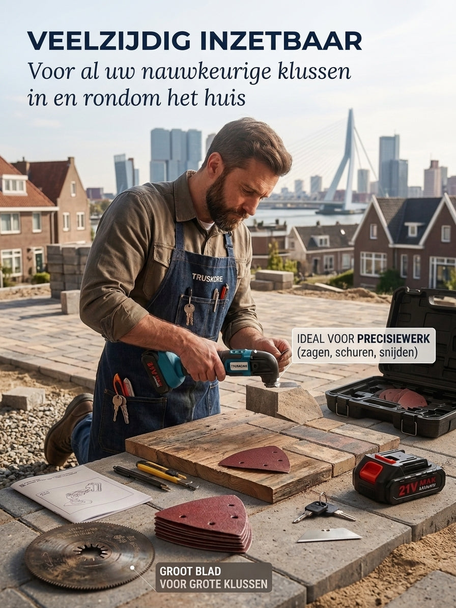 Truskore Multitool Accu 21V – Multitool Set Incl. 2 Accu’s – Oscillerende Multitool – Compatibel met Makita LXT – 7 Opzetstukken - 15 Schuurvellen
