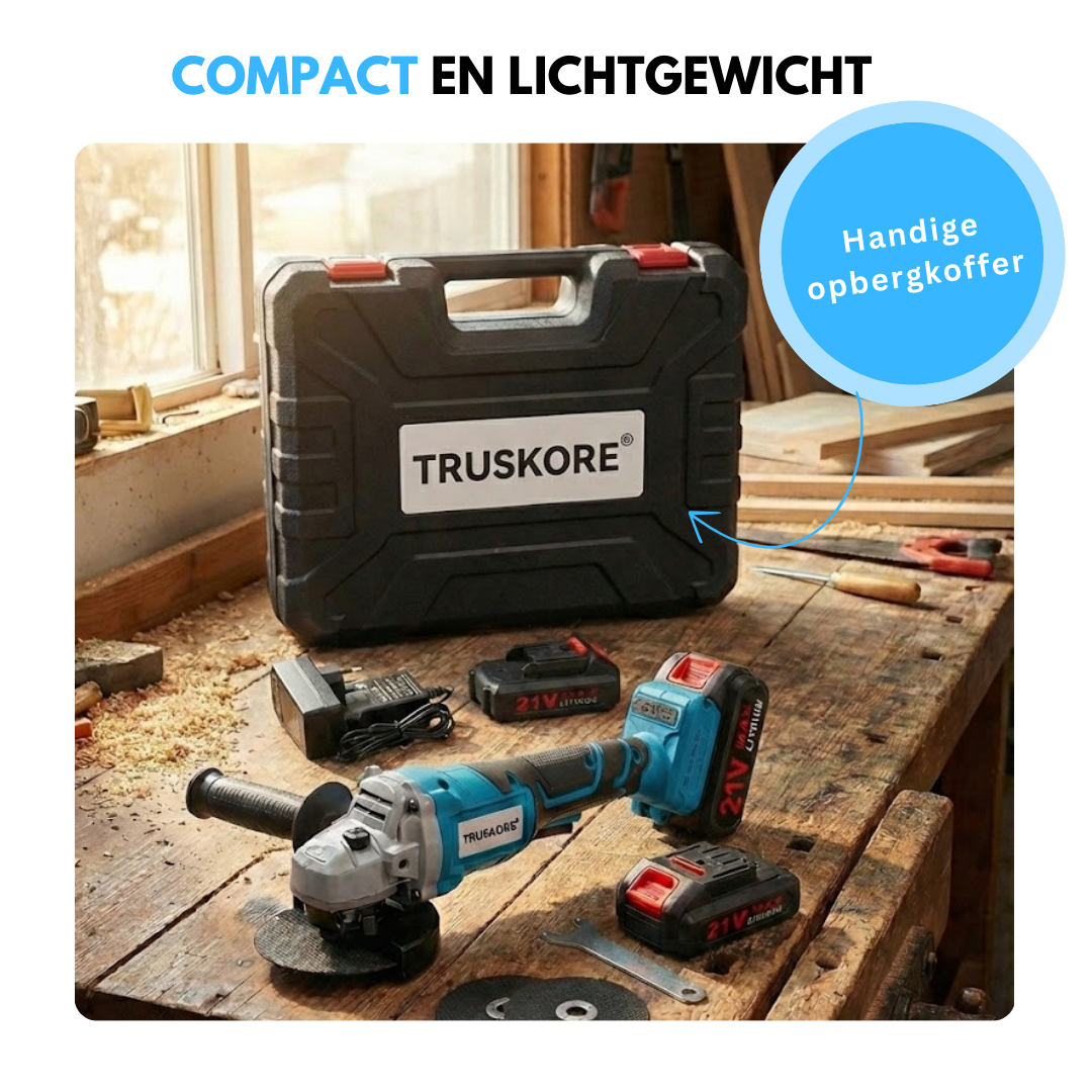 Truskore Haakse Slijper 21V - Draadloze Slijptol - Elektrische Slijpmachine – Inclusief 2 Accu’s, 3 Slijpschijven, Snellader & Koffer