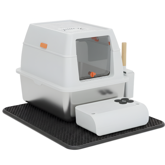 Livista RVS Kattenbak - Kattentoilet Roestvrijstaal - Incl. Kattenbakschep met Houder en Gritopvang Opstapje - 2 in 1 Open Kattenbak met Afneembare Deksel - 60x40x38cm - Wit