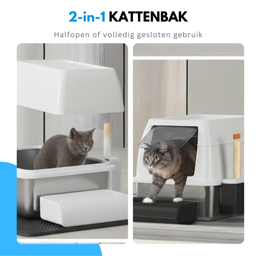 Livista RVS Kattenbak - Kattentoilet Roestvrijstaal - Incl. Kattenbakschep met Houder en Gritopvang Opstapje - 2 in 1 Open Kattenbak met Afneembare Deksel - 60x40x38cm - Wit