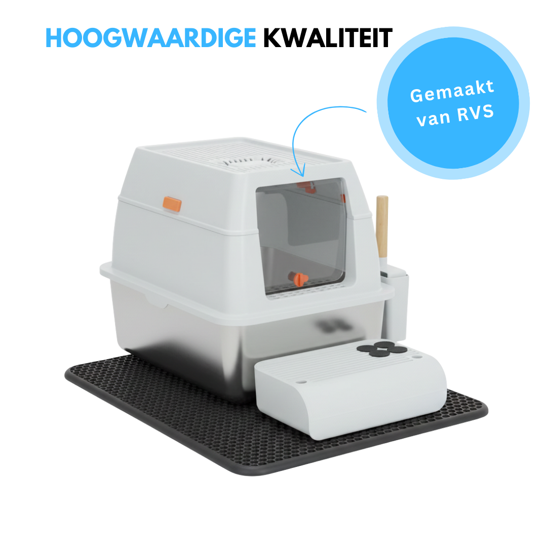 Livista RVS Kattenbak - Kattentoilet Roestvrijstaal - Incl. Kattenbakschep met Houder en Gritopvang Opstapje - 2 in 1 Open Kattenbak met Afneembare Deksel - 60x40x38cm - Wit