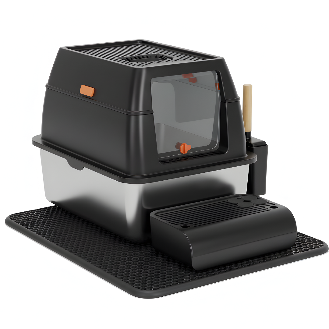 Livista RVS Kattenbak - Kattentoilet Roestvrijstaal - Incl. Kattenbakschep met Houder en Gritopvang Opstapje - 2 in 1 Open Kattenbak met Afneembare Deksel - 60x40x38cm - Zwart