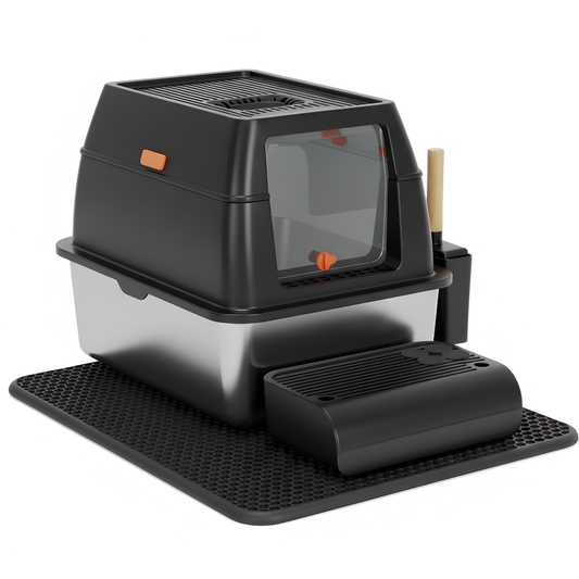 Livista RVS Kattenbak - Kattentoilet Roestvrijstaal - Incl. Kattenbakschep met Houder en Gritopvang Opstapje - 2 in 1 Open Kattenbak met Afneembare Deksel - 60x40x38cm - Zwart
