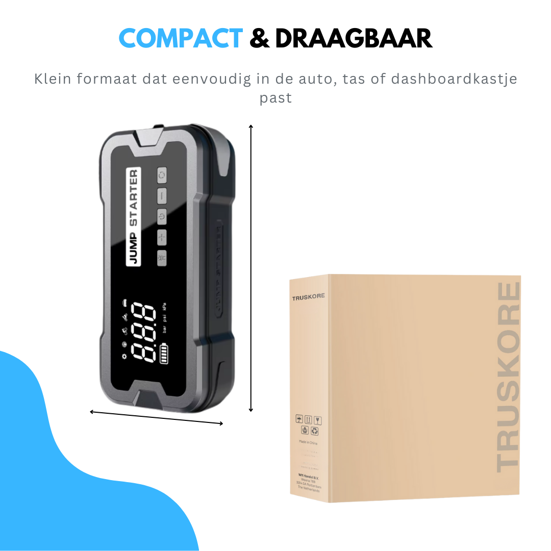 Truskore 12V Jumpstarter voor Auto met Compressor - 4000A / 24.000 mAh - 5-in-1 Starthulp met Compressor, Powerbank, LED Zaklamp en SOS Noodlicht - Incl. Hardcover