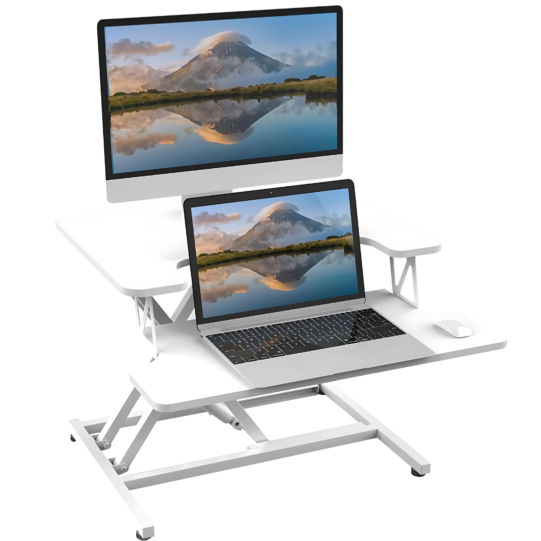 Livista Sit-Stand Desk Gas-Spring - Laptoptafel - Zit Sta Bureau - Computertafel - Zit Sta Verhoger - Bureautafel - Groot Scherm en Toetsenbord Blad - Ruimte voor 2 Schermen - Nieuw Model - Wit