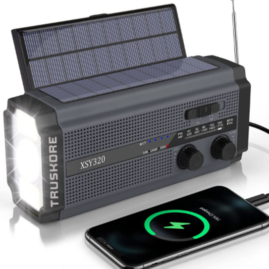 Truskore Noodradio - Bluetooth - 2025 verbeterde versie - Solar Opwindbaar - Solar Powerbank Zonneenergie - Draagbare Radio op batterijen - Zaklamp led oplaadbaar - Survival Noodpakket