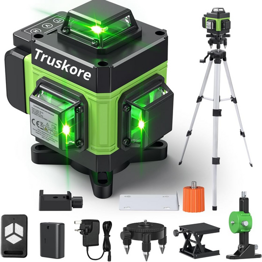Truskore Kruislijnlaser Met Statief - 4 tot 16 Lijnen - 4D Professionele Bouwlaser - 50 Meter Meetbereik - Zelfnivellerend - 360 Graden - Laser Waterpas - Lijnlaser - Complete set - Groen