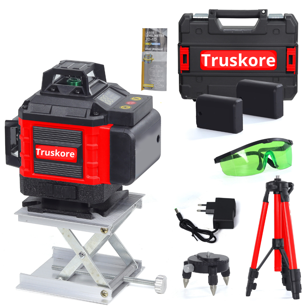 Truskore Kruislijnlaser Met Statief - 4 tot 16 Lijnen - 4D Professionele Bouwlaser - 50 Meter Meetbereik - Zelfnivellerend - 360 Graden - Laser Waterpas - Lijnlaser - Complete set - Rood