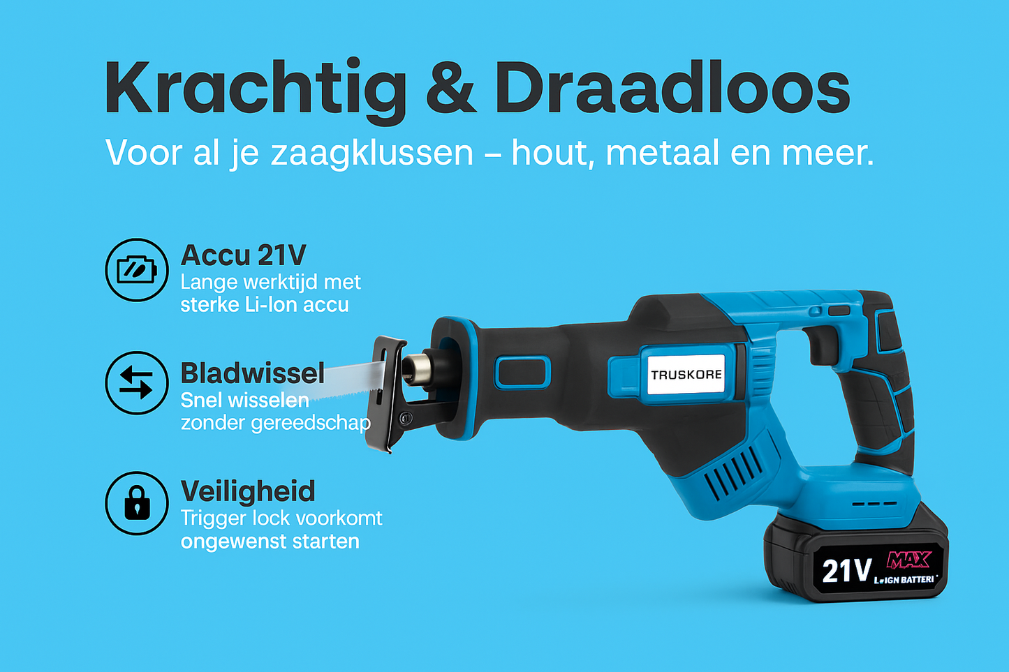 Accu Reciprozaag – 21V Li-Ion – Incl. 2 Accu’s, Zaagbladen & Koffer – 25mm Slag – Voor Hout, Metaal & Kunststof – Snelwisselsysteem – Draadloos