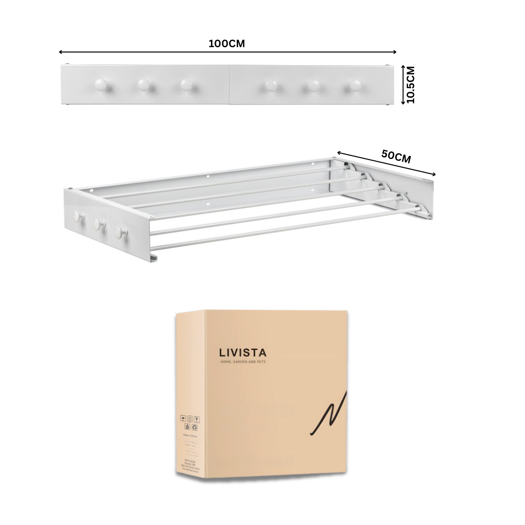 Livista Wanddroogrek Inklapbaar – Opvouwbaar Wasrek voor Wandmontage – Stevig en Ruimtebesparend – Voor Binnen & Buiten– 100x50x10,5 cm – Met 6 Haken – Wit